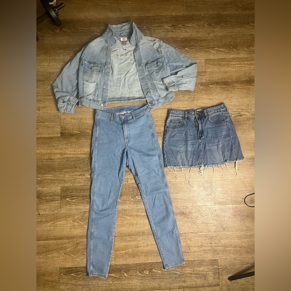 Tommy Hilfiger Jean jacket, H&M skinny jeans, pacsun jean skirt